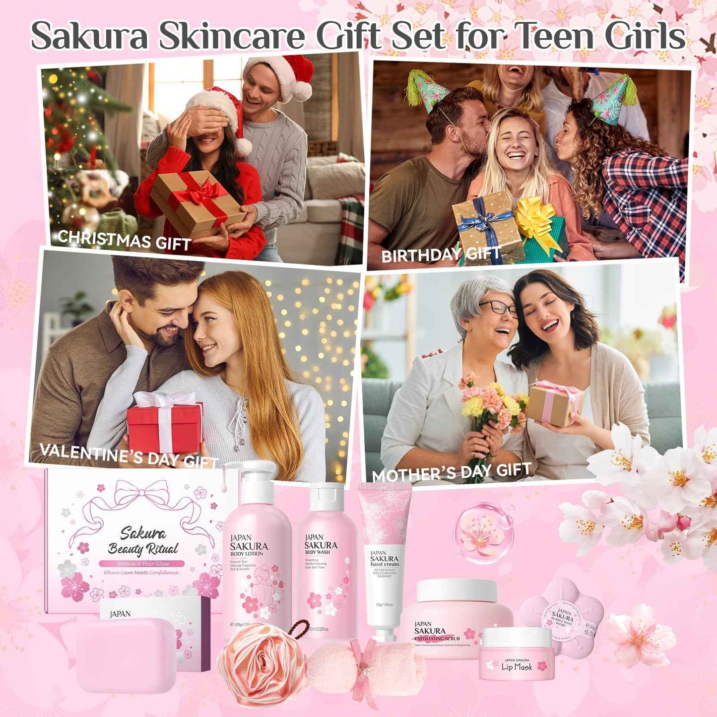 9Pcs Bath and Body Gift Set for Women & Girls, Cherry Blossom Bath and Body Gift Set with Body Wash, Lotion, Soap, Bath Bomb, Scrub, Hand Cream & Lip Mask, Home Spa Gift Set for Women Christmas Gifts