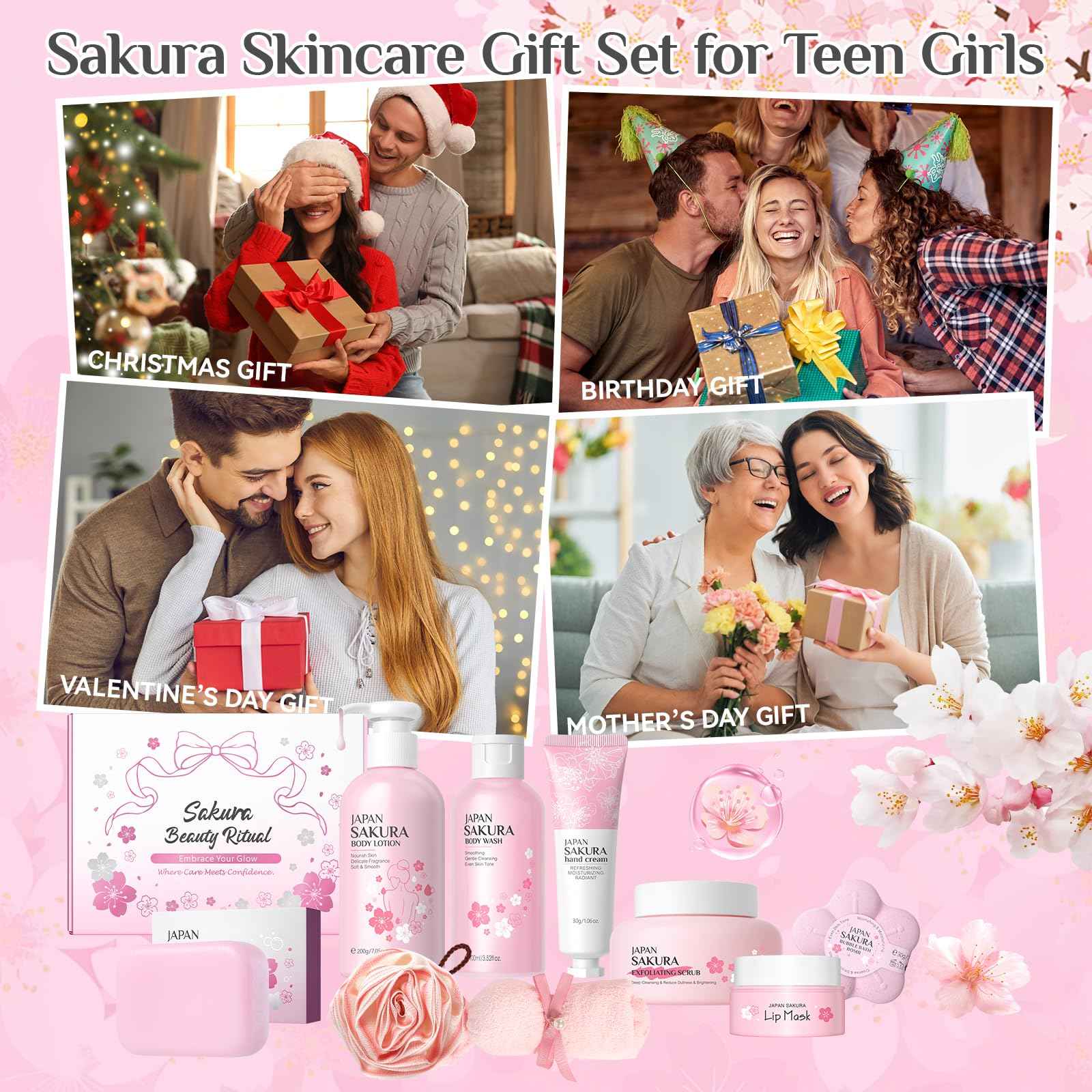 9Pcs Bath and Body Gift Set for Women & Girls, Cherry Blossom Bath and Body Gift Set with Body Wash, Lotion, Soap, Bath Bomb, Scrub, Hand Cream & Lip Mask, Home Spa Gift Set for Women Christmas Gifts