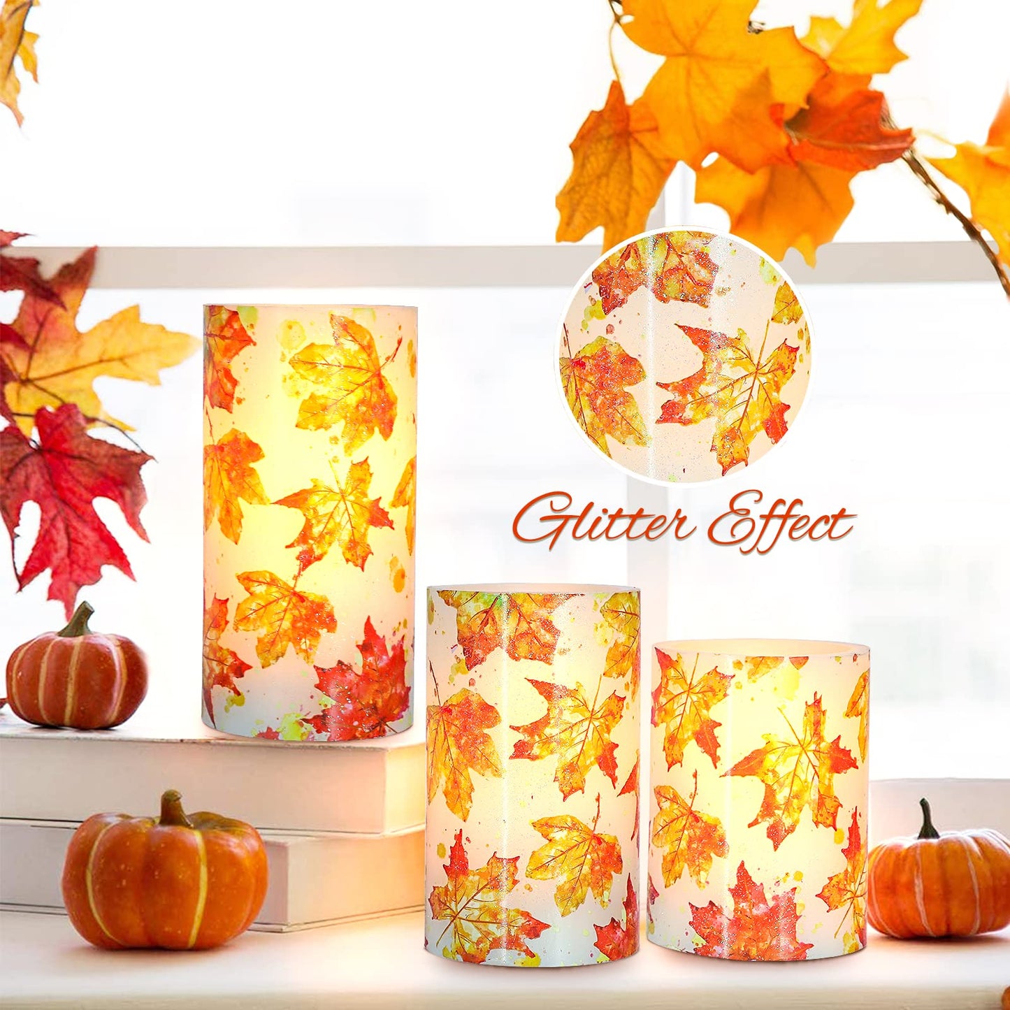 REVELBUNNY Fall Decor Flameless Candles, Autumn Maple Leaves LED Candles with Remote Timer, Battery Powered Pillar Candles for Thanksgiving Party Wedding Decoration, D3 x H4 5" 6" Set of 3