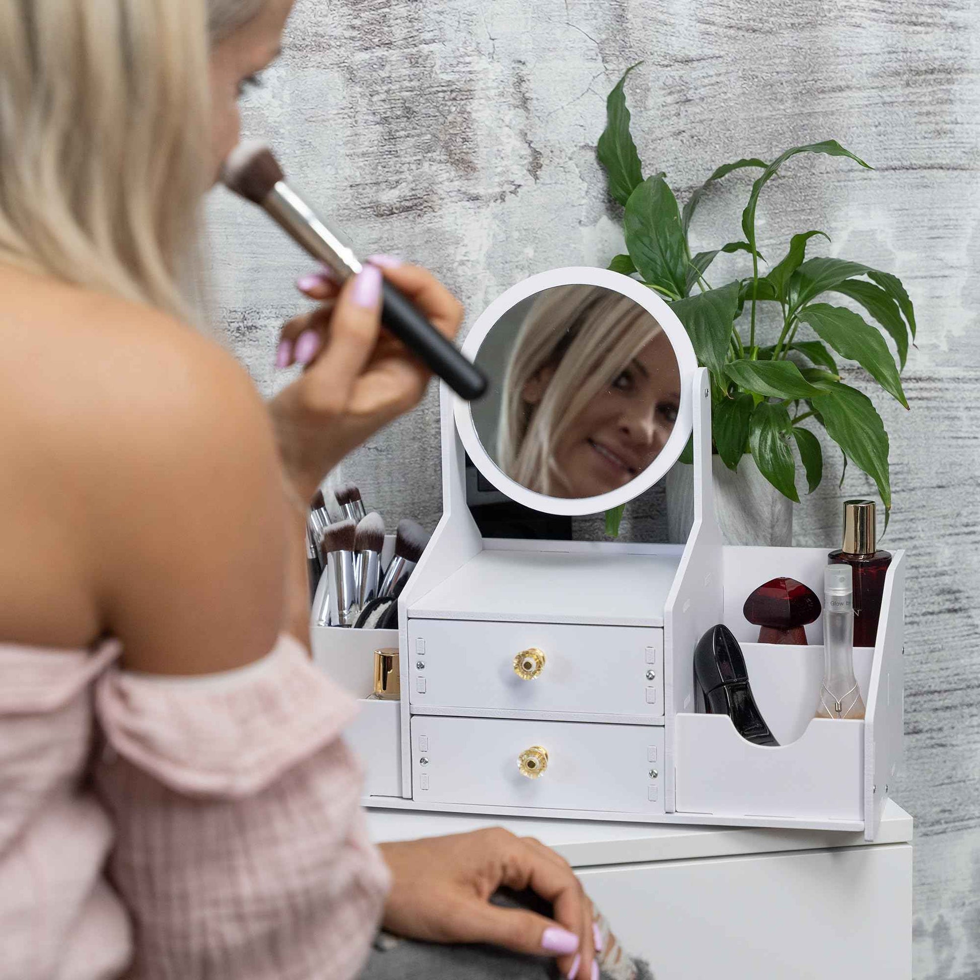 Domovina Wooden Makeup Organizer – Countertop Makeup Organizers with Mirror, Drawers – Cosmetic Organizer for Brushes, Skincare – Elegant Make Up Storage Holder for Vanity, Bathroom, Dresser