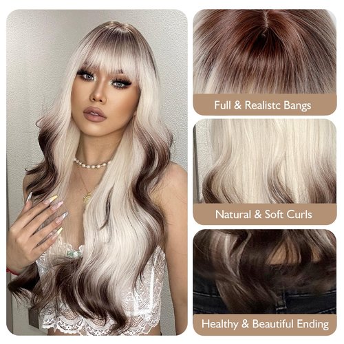 testar Long Platinum Blonde Wavy Wigs For White Women 26 Inch Brown and White Wigs with Bangs Synthetic Blonde Curly Wigs For Daily Party Use Hair Replacement Halloween Wigs