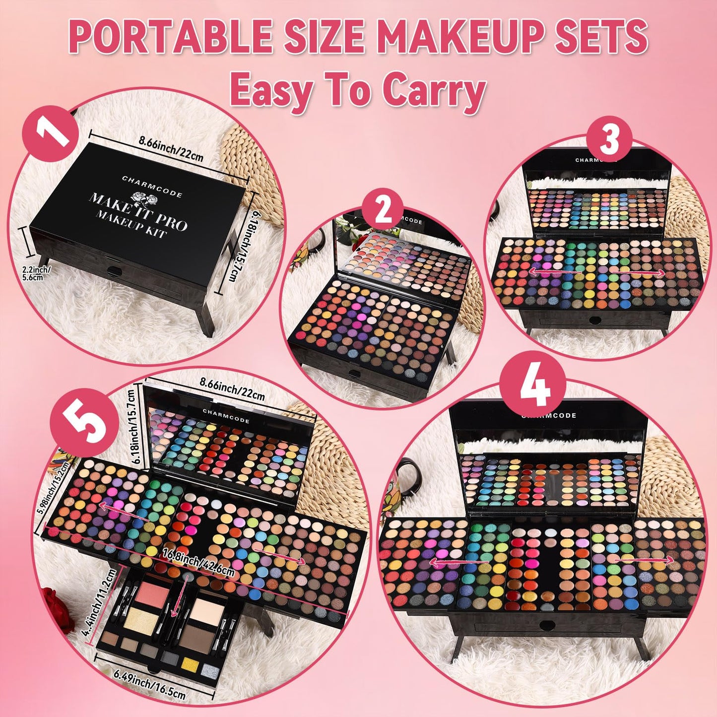 CHARMCODE 190 Colors Cosmetic Make up Palette Set Kit Combination with Eyeshadow Facial Blusher Eyebrow Powder Face Concealer Powder Eyeliner Pencil A Mirror All-in-One Makeup Gift Sets For Women