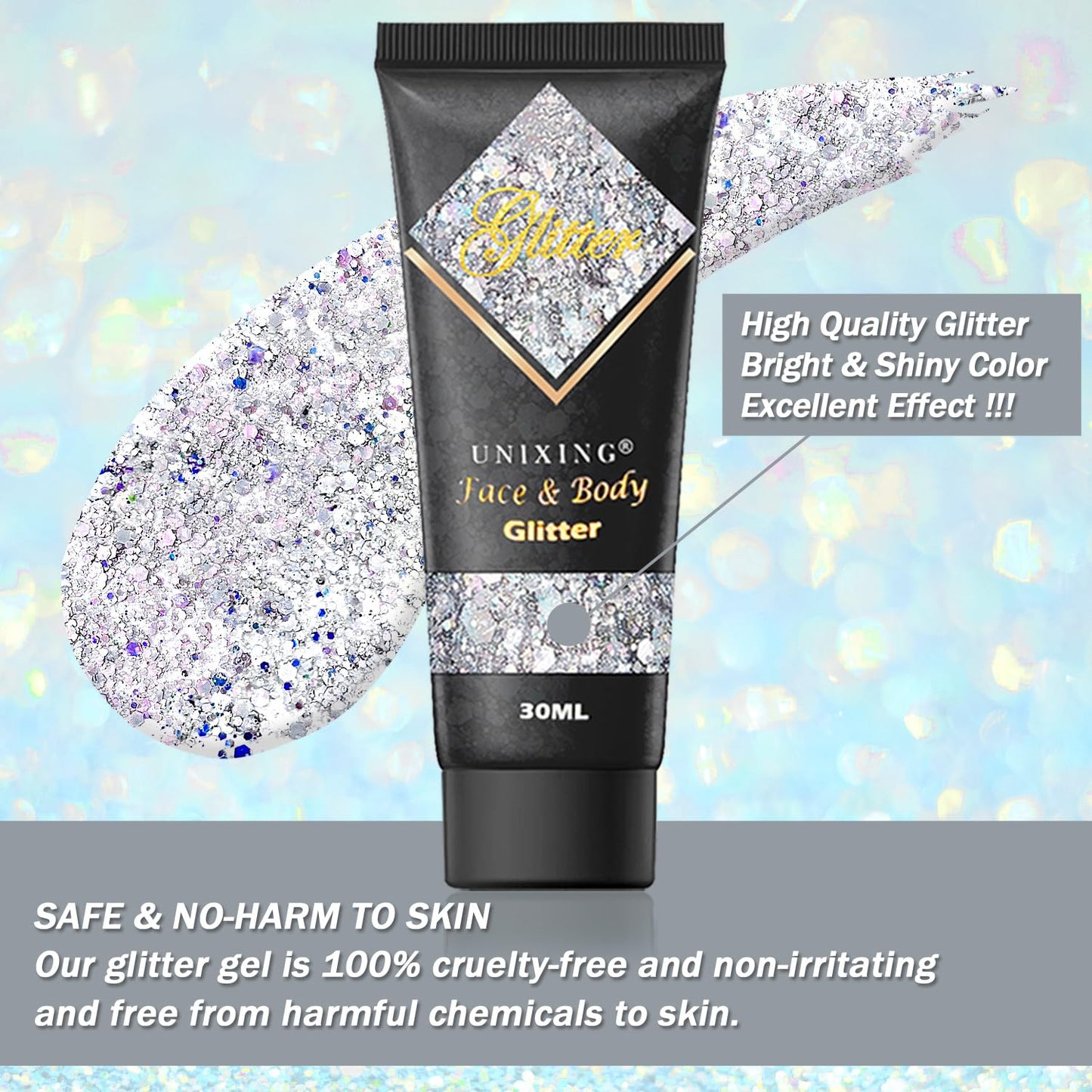 Face Glitter Gel, Holographic Body Glitter Gel for Hair, Body, Face, Lip, Eyeshadow, Sequins Glitter Face Paint, Chunky Glitter for Makeup, Sparkling Glitter Makeup for Concerts Music Festival Rave