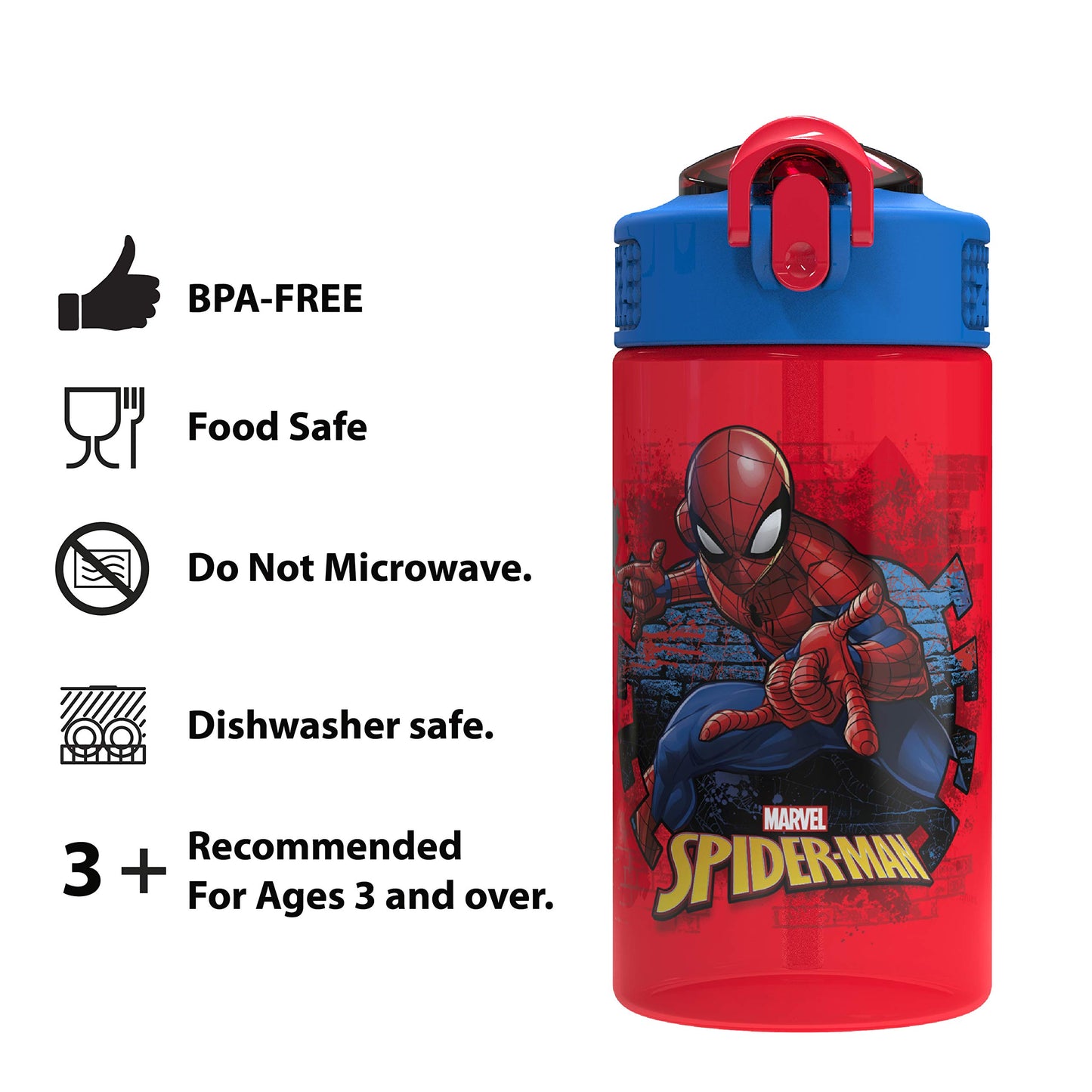 Zak Designs Marvel SpiderMan Kids Spout Cover and Built-in Carrying Loop Made of Plastic, Leak-Proof Water Bottle Design (BPA-Free), Red, 16oz