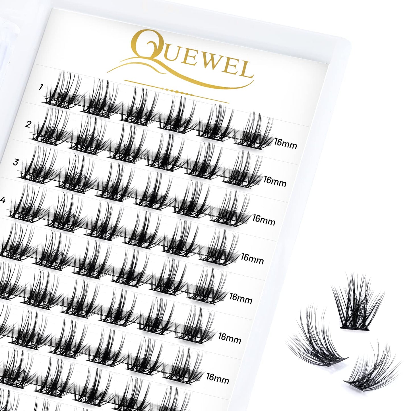 QUEWEL Cluster Lashes 72 Pcs Wide Stem Individual Lashes C/D Curl 8-16mm Length DIY Eyelash Extension False Eyelashes Soft for Personal Makeup Use at Home (Fluffy02-C-16)