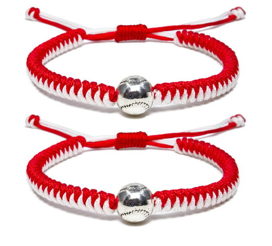 Handmade Braided Bracelets Baseball Gifts for Boys Adjustable Wristbands with Baseball Beads, Inspirational Baseball Bracelets for Girls Teens Adults (Red 2PCS)