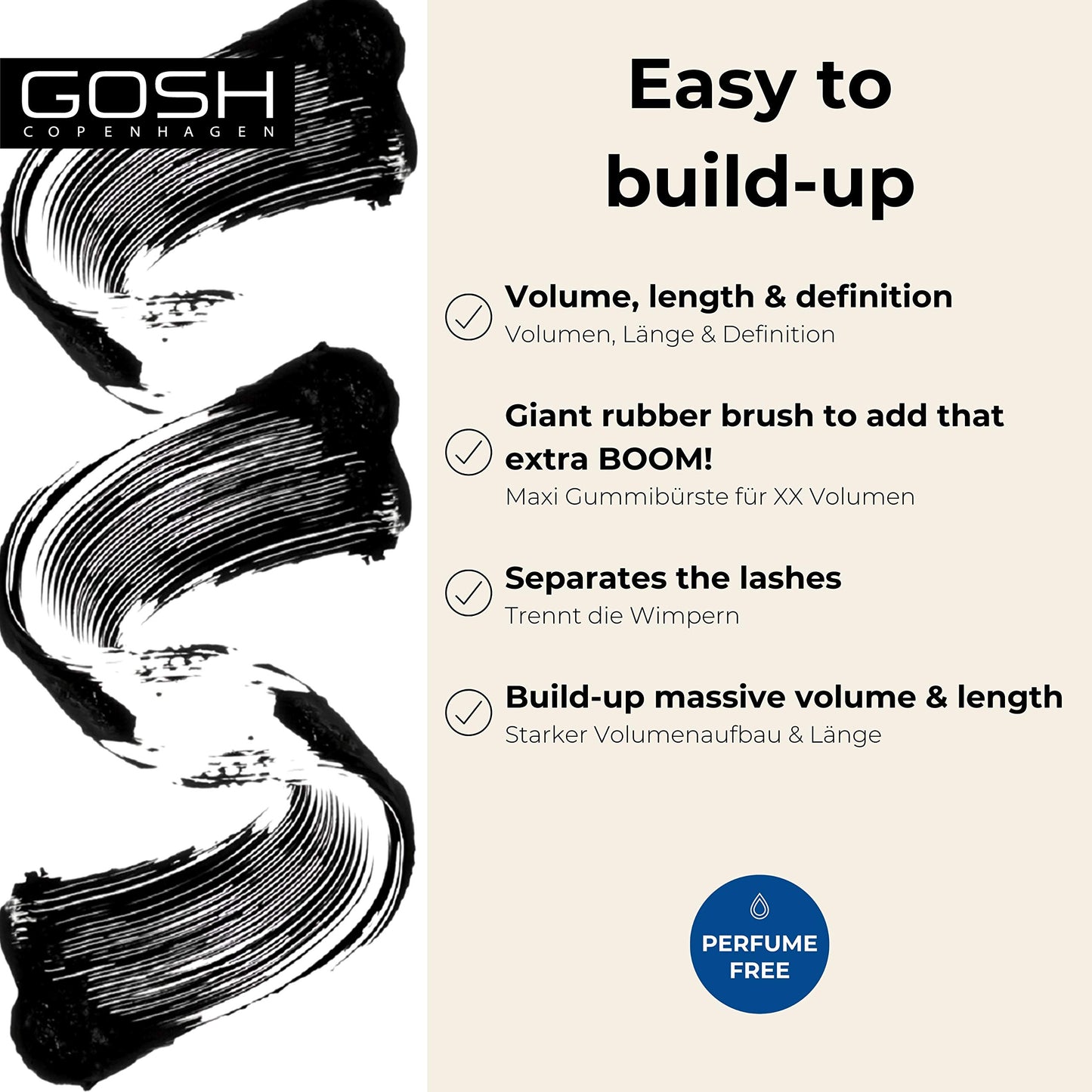 GOSH Boombastic Mascara for Extreme Volume & Long Eyelashes, Mascara with Precise XL Eyelash Brush, Separates Eyelashes When Inducing, Long-lasting, Skin-friendly & Fragrance-, 001 Black