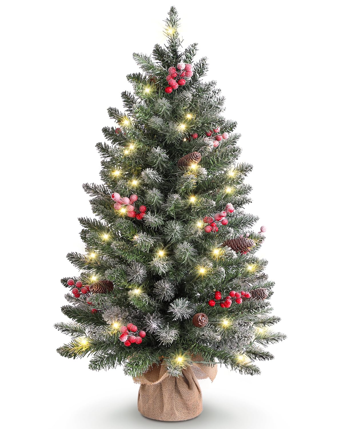 OasisCraft 3ft Tabletop Christmas Tree, Pre-lit Xmas Tree with Cloth Bag Base, Mini Christmas Tree with LED Lights, Artificial Christmas Tree with Pine Cones for Table Desk Decoration