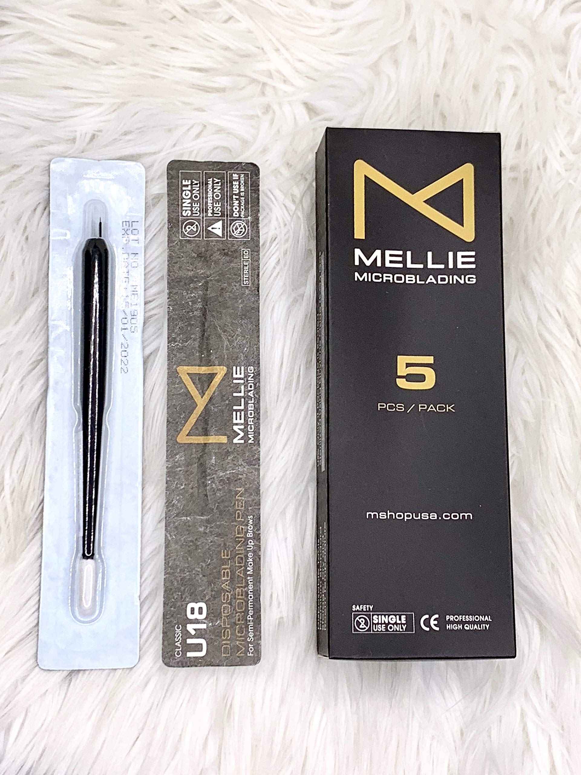 M Mellie MIcroblading PACK OF 5 - U18 NANO .15mm Disposable Microblading Pen with Pigment Sponge - Thinnest Blade On The Market NOT FOR LATEX