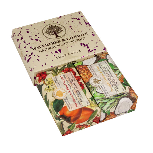 Wavertree & London Duo Gift Box (2 Bars) - 7oz Persimmon & Red Currant, Pineapple & Coconut & Lime Scented Triple Milled Natural Soap Bars - Pure Plant Oil Soap Bars for All Skin Types