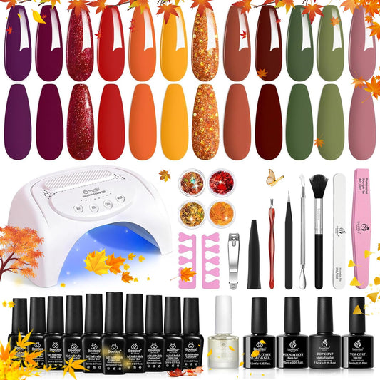 Beetles Gel Nail Polish Kit with UV Light 12 Colors Fall Starter Kit,Maple Avenue Glitter Brown Red Purple Gel Polish Set Base Top Coat Gel Maple Leaf Manicure Home Diy Nail Art Gift