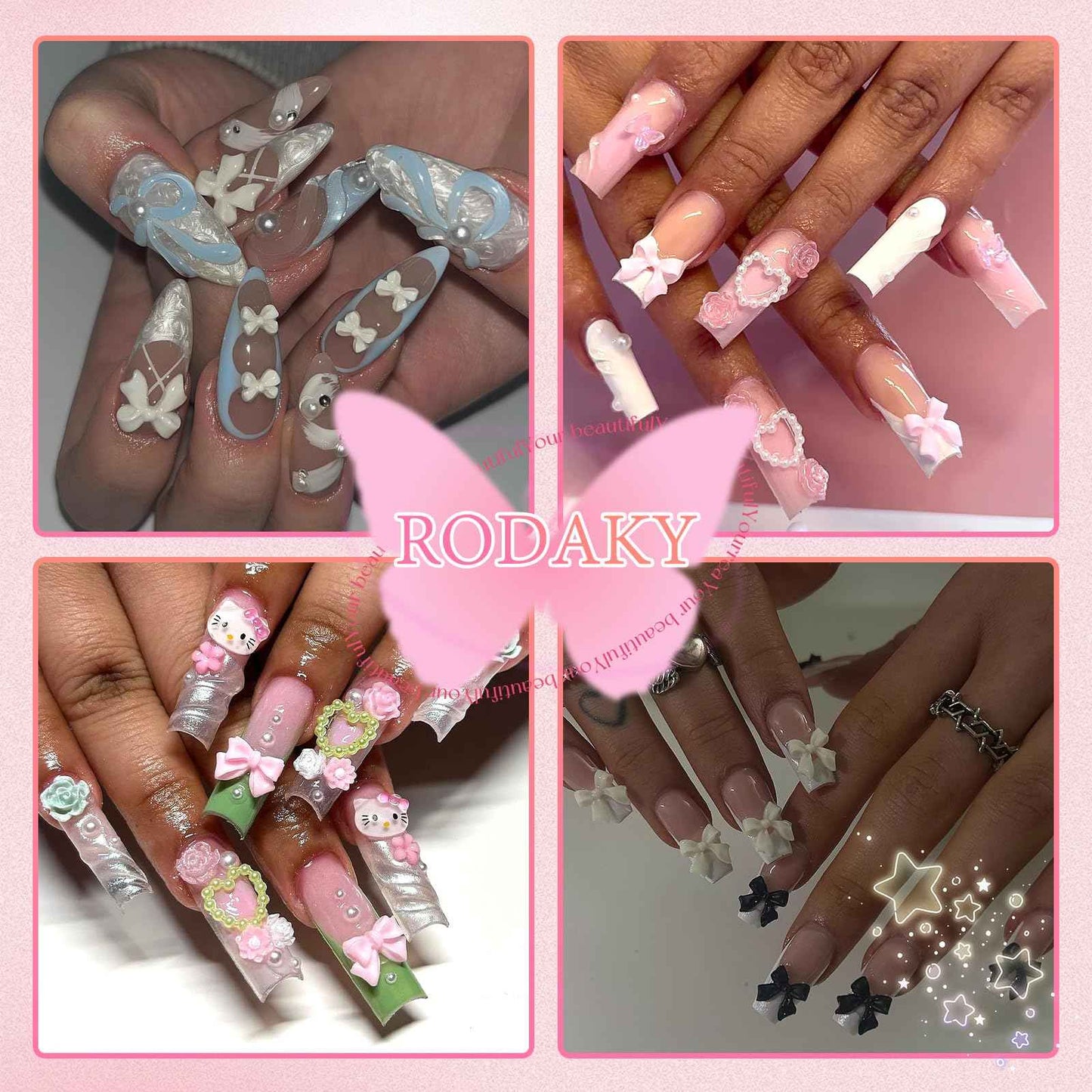 300Pcs Bow Nail Charms and Flatback Pearls,Rose Red Bowknot 3D Cute Nail Charms for Acrylic Nail Supplies Design,3-5mm White Half Pearls for Nail Jewelry DIY Crafts Nail Art Decoration Accessories