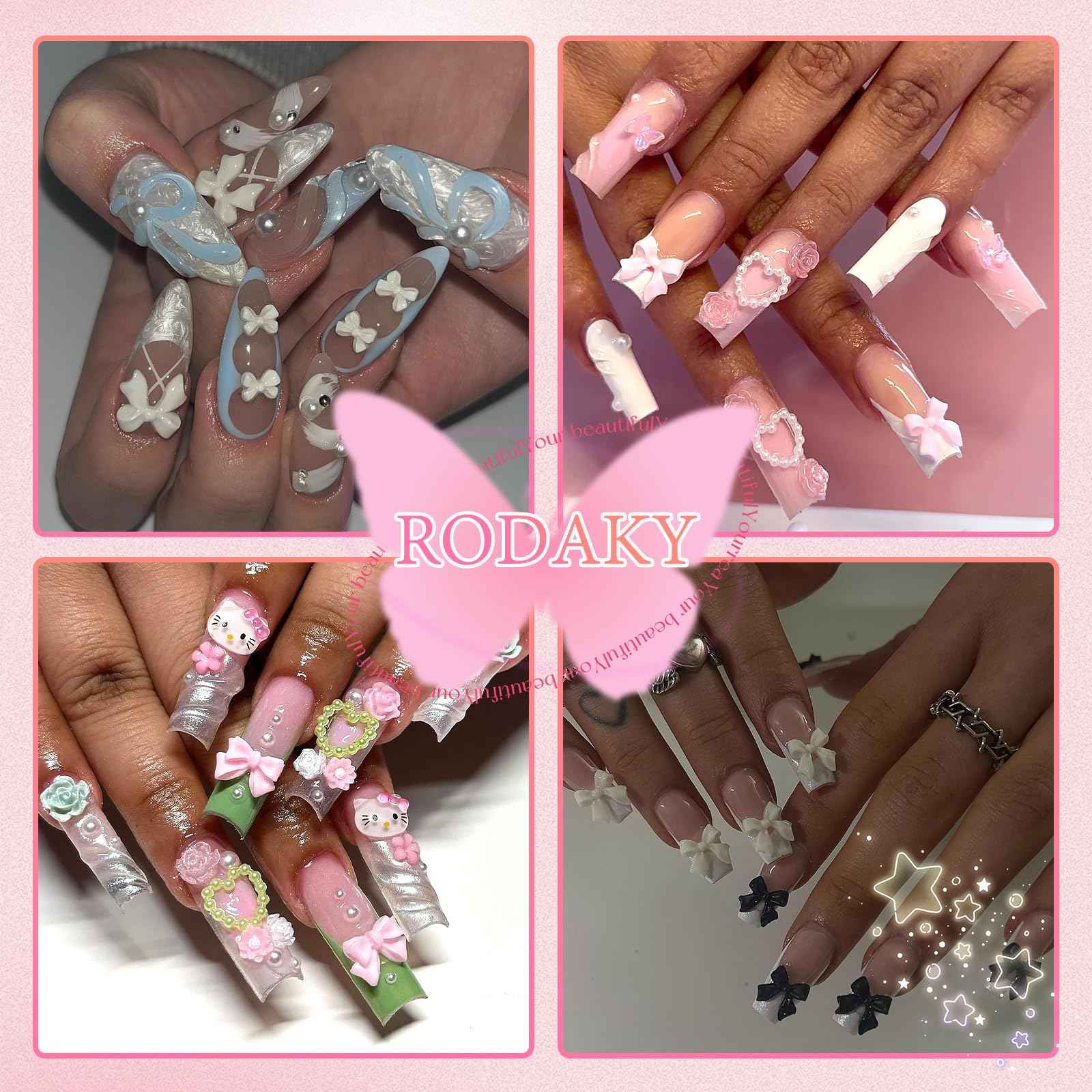 300Pcs Bow Nail Charms and Flatback Pearls,Rose Red Bowknot 3D Cute Nail Charms for Acrylic Nail Supplies Design,3-5mm White Half Pearls for Nail Jewelry DIY Crafts Nail Art Decoration Accessories