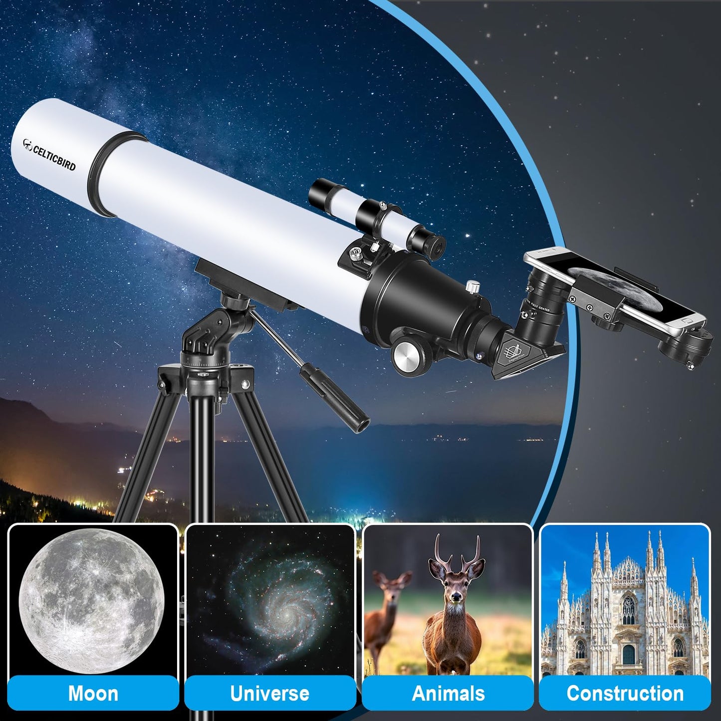 Celticbird Telescope for Adults High Powered, Travel Telescopes for Adults Astronomy Beginners Gifts, 80mm Aperture 900 Refractor Telescope with AZ Mount, Carry Bag, Phone Mount