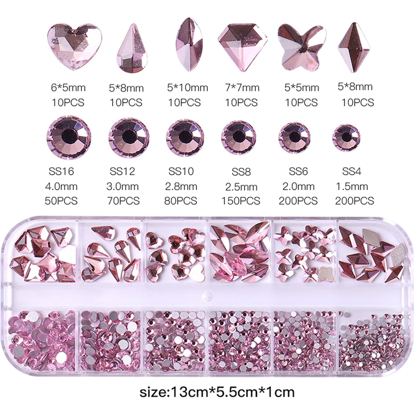 NAISKA 810PCS Pink Nail Arts Rhinestones 3D Crystal Rhinestone for Nails Flatback Diamond Rhinestones Beads Gems Decorations for Nail DIY Crafts Shoes Jewelry