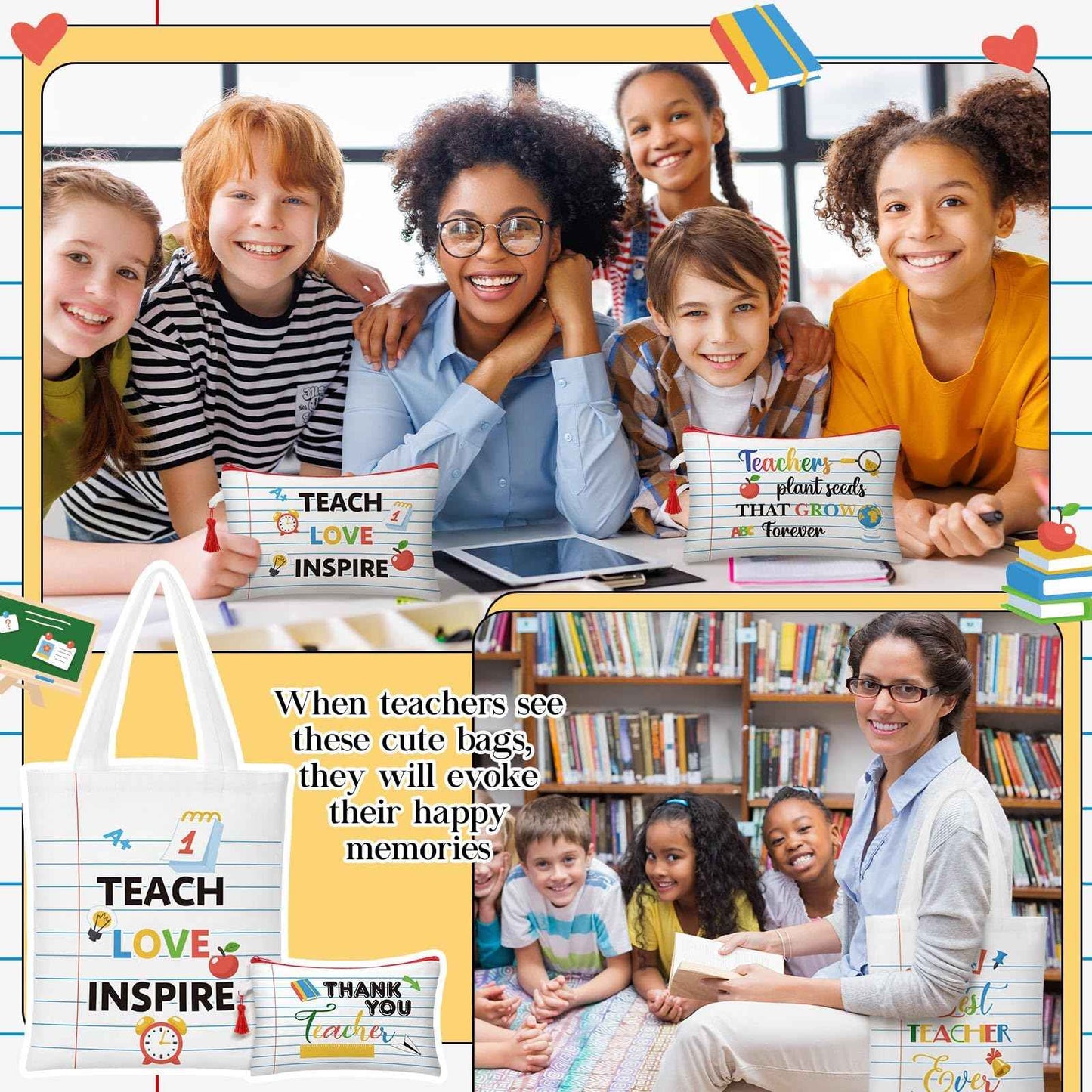 Paterr 12 Pcs Christmas Teacher Appreciation Gift for Women Christmas Gifts Ideas Basket Filler Canvas Teacher Tote Bag with Makeup Bag Notebook Style for Office School Classroom Supplies