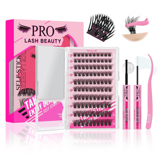 PRO Self Adhesive Eyelashes Kit Press On Lashes 120pcs Lash Clusters Lash Fixative Lash Remover Lash Applicator Eyelash Extension Kit Easy To Apply At Home Lash Extension Kit (Velvety,D-10-18mix Kit)