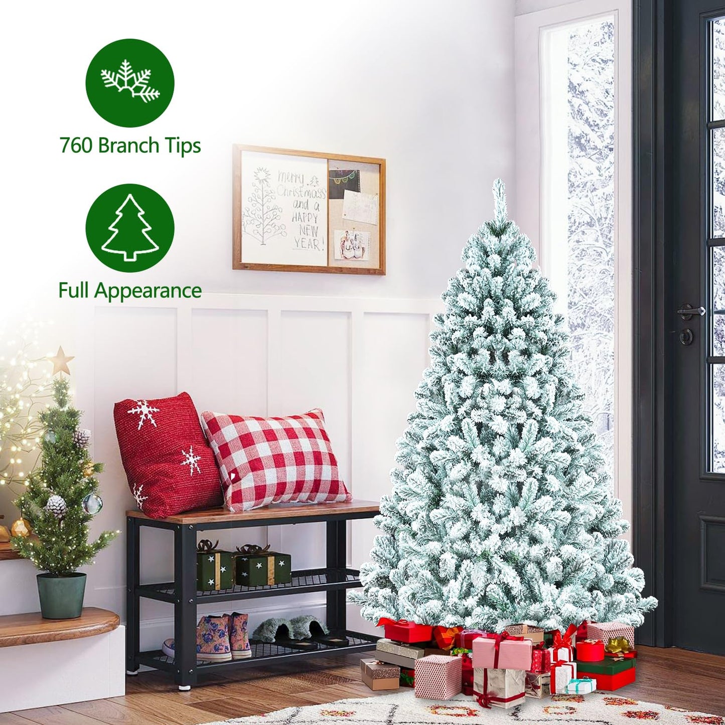 Kadunmina 7ft Snow Flocked Artificial Christmas Tree Unlit Snowy Pine Tree for Home Office Holiday Indoor Outdoor Decoration Flocked Spruce Full Tree with 1064 Branch Tips, Metal Hinges & Base