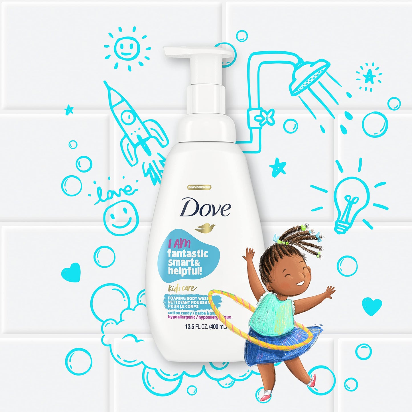 Dove Kids Care Foaming Body Wash For Kids Cotton Candy Hypoallergenic Skin Care 13.5 oz