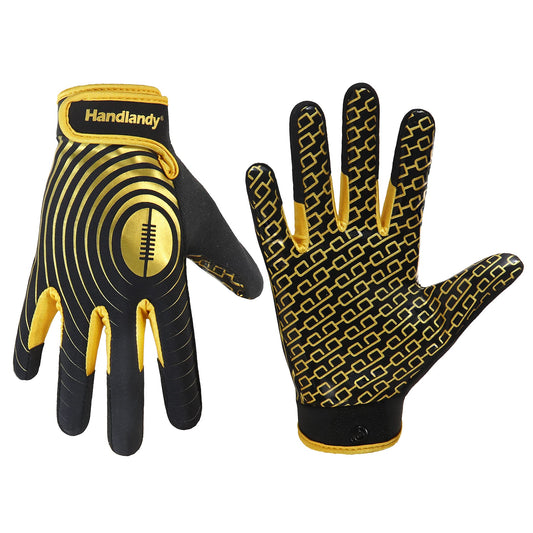 HANDLANDY Youth Football Gloves, Sticky Wide Receiver Gloves for Kids & Adult, Black and Gold Stretch Fit Football Gloves