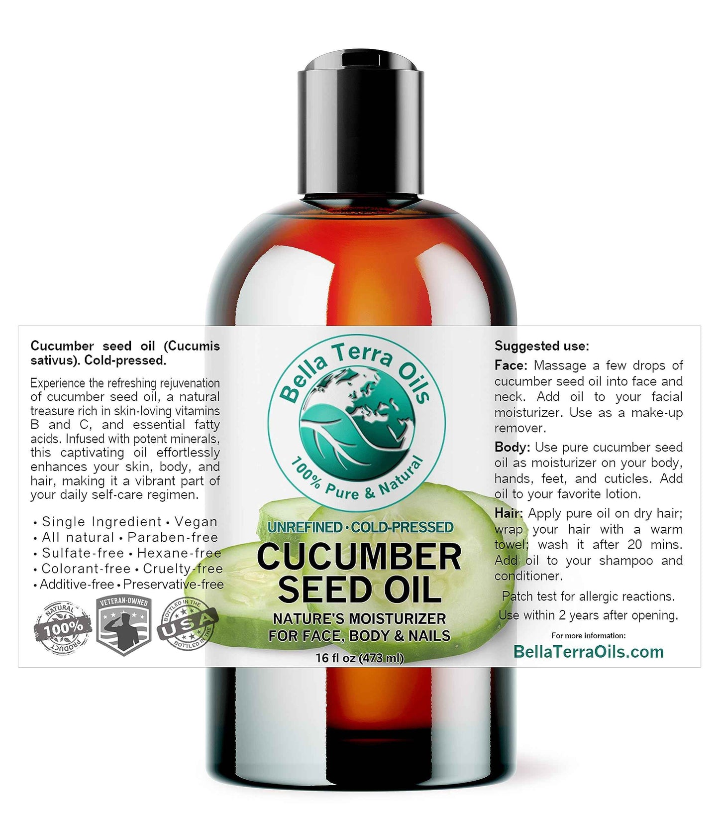 Bella Terra Oils - Cucumber Seed Oil 16 oz - Experience Pure Cucumber Extract, Brimming with Minerals & Antioxidants, Sublime Elixir for Face & Beyond