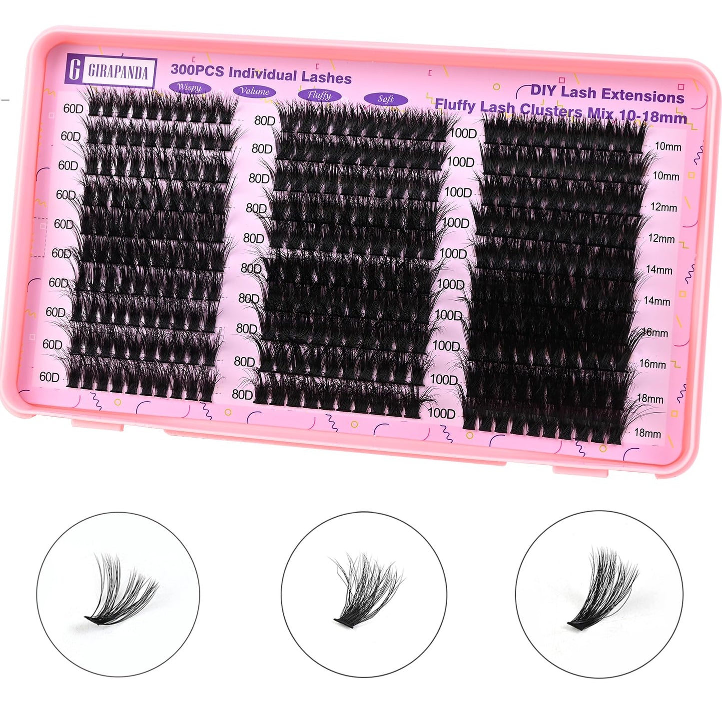 Girapanda Fluffy Lash Clusters Thick 300PCS Individual Lashes Wispy D Curl 60D 80D 100D Volume Cluster Eyelash Extension Mixed 10-18mm Fluffy DIY Lash Extensions at Home, Black