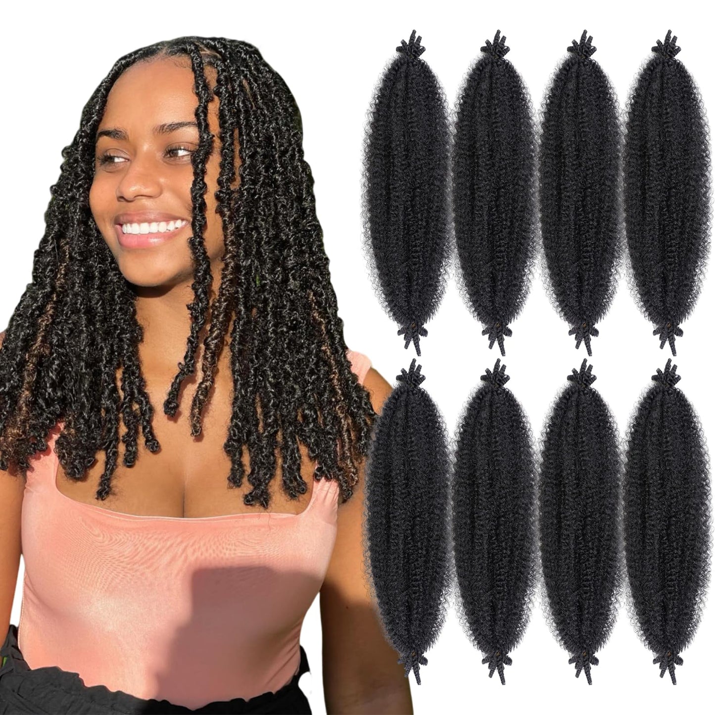 Viovian 8 Packs Springy Afro Twist Hair 16 inch Afro Spring Twist Hair Synthetic Kinky Marley Twist Braiding Hair Natural Black Wrapping Hair for Soft Locs (1b#)