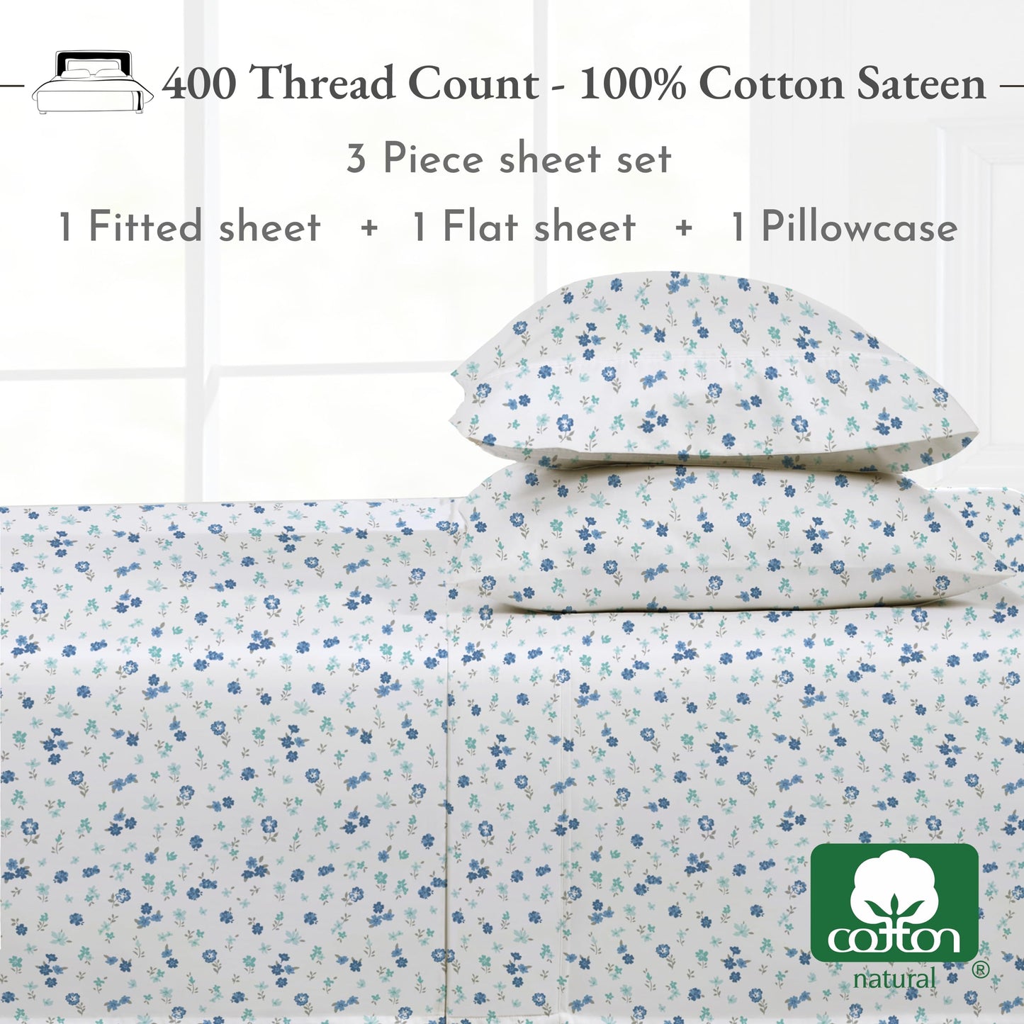 California Design Den Floral Sheets Pattern Twin Sheet Set, Luxury 400 Thread Count 100% Cotton Sheets, (Blooming Meadows)