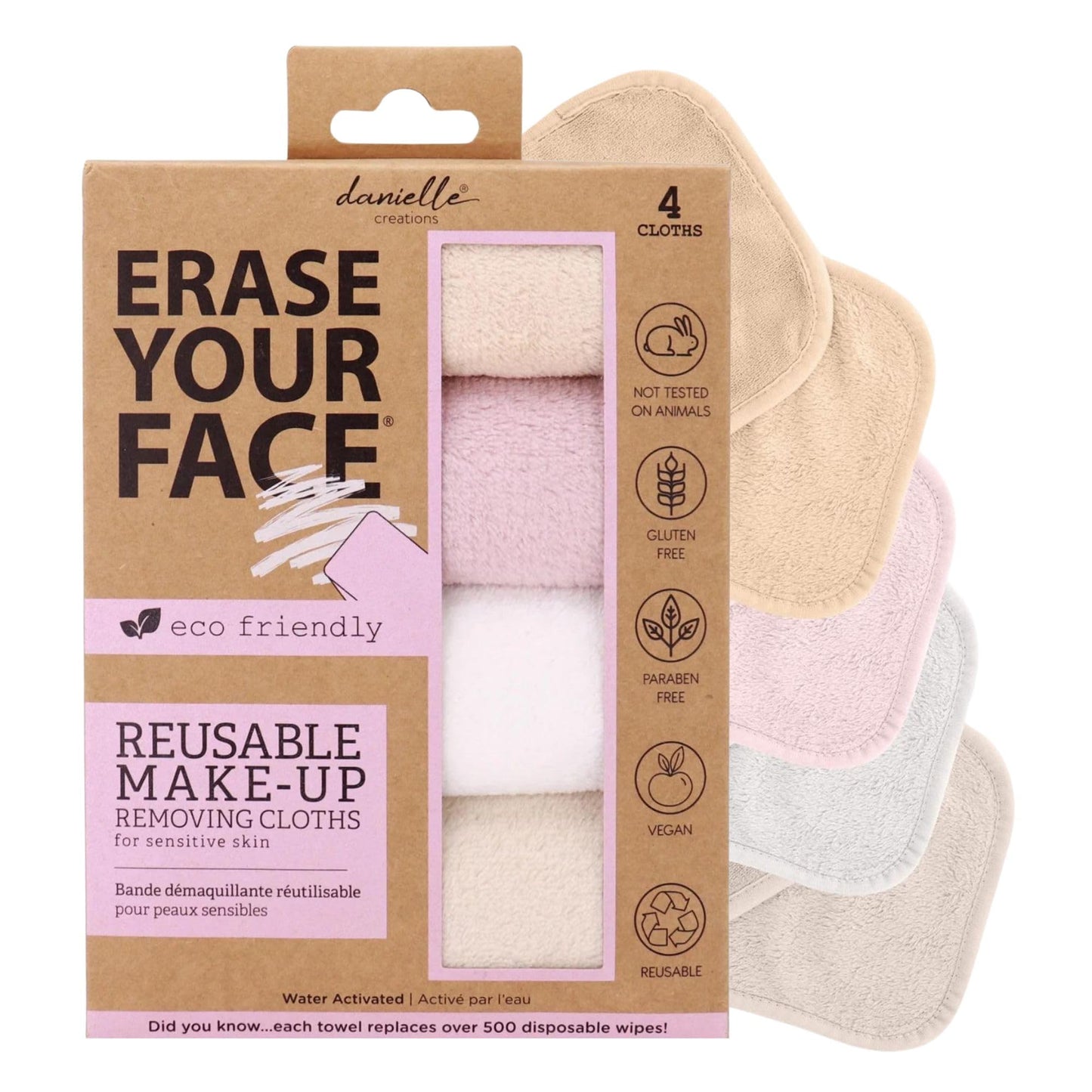 ERASE YOUR FACE Face Reusable Makeup Removing Cloths With Friendly Packaging By Danielle Enterprises 4 pack D50007, ECO, 1 Count