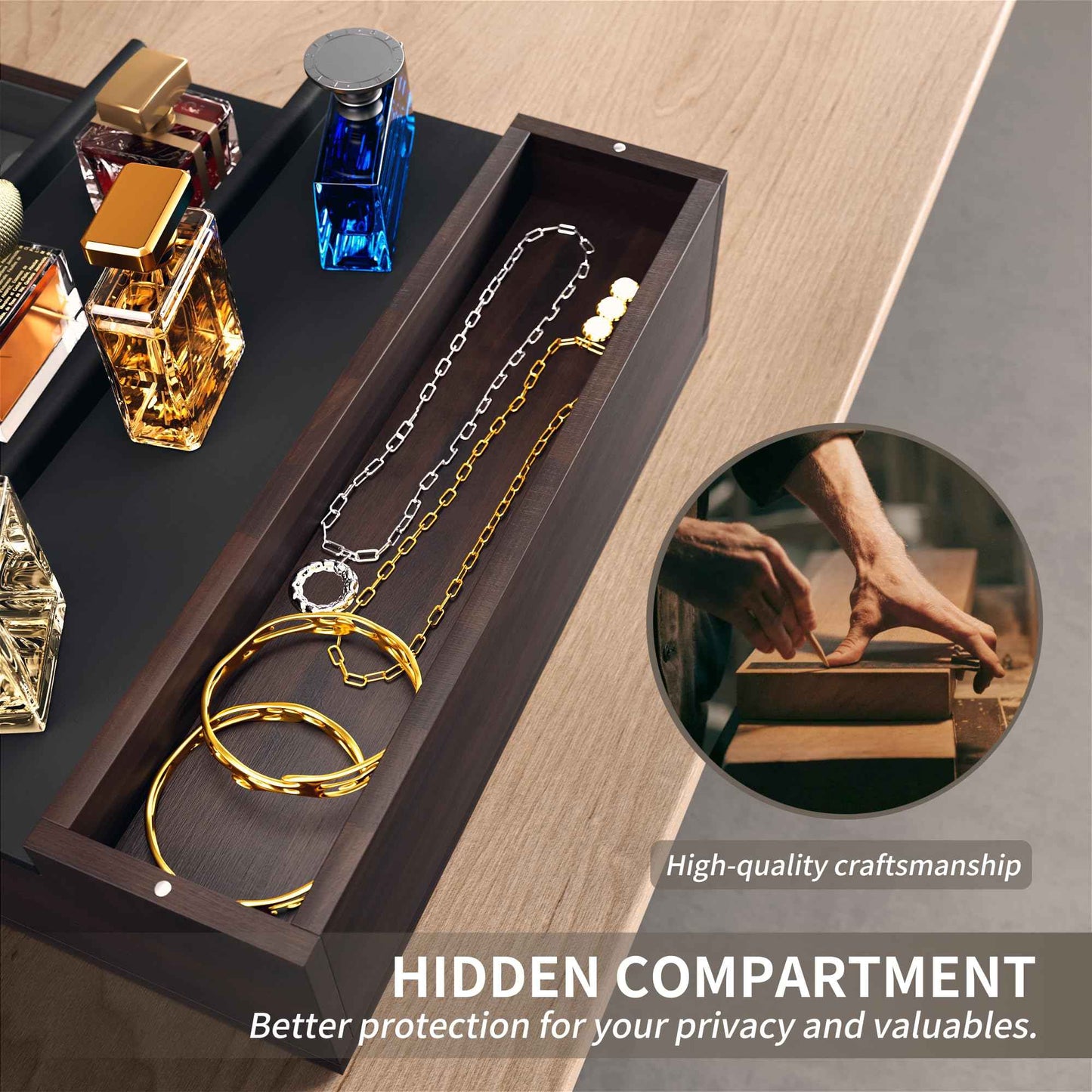 YIKIBOX Cologne Organizer for Men,Wooden Perfume Organizer with Hidden Compartment and Drawer,Cologne Stand and Storage Display Risers for Dresser,Great Gift for Men/Friend（DarkBrown）