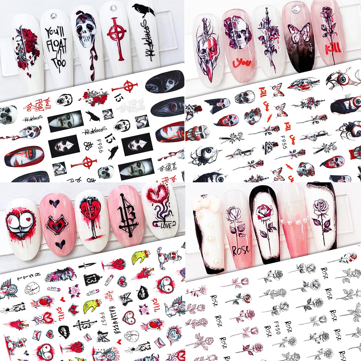 10Sheets Halloween Nails Art Stickers Decals Scary Ghost Nail Art DIY Rose Butterflies Nail Design Halloween Gothic Bloody Eye Nail Stickers Decals for Women Girls Manicure Decoration Supplies.