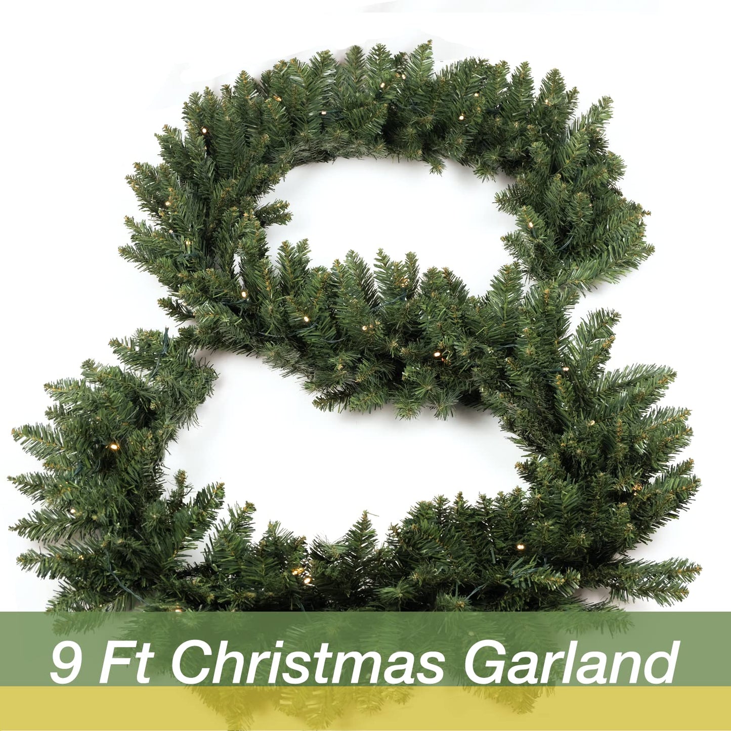 HomeKaren Christmas Garland 9ft with 50 Led, 320 Tips Prelit Fraser Fir Xmas Garland with 50 LED Lights, Lush and Classics Green Style for Indoor Outdoor Home Decoration