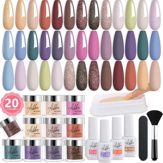 Aikker 27 Pcs Fast Dry Dip Powder Nail Kit Starter 20 Colors Nude Gray Brown Dipping Powder with Essential Steps 1-4 Liquid & Nail Tools No UV/LED Lamp Needed Long Lasting Gift Set for Women AK34