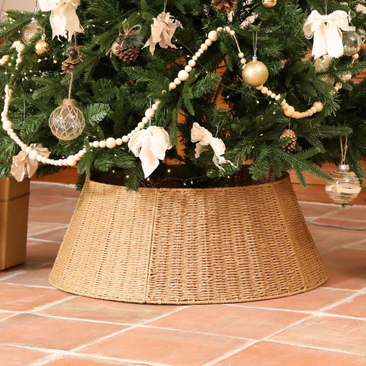 Handmade Christmas Tree Collar Basket Skirt-Elegant Woven Rattan Ring Base Cover-27in Stand Decoration for Holiday Home-Ideal for Covering Tree Stand