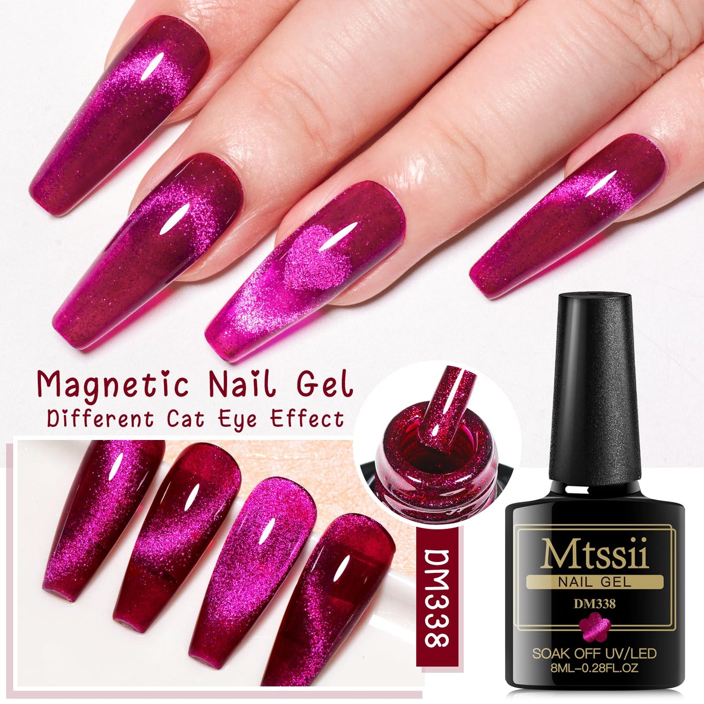 MTSSII Hot Pink Gel Nail Polish and Cat Eye Gel Nail Polish Spring Summer Hot Pink Red Purple Reflective Glitter Gel Polish for DIY Nail Art at Home