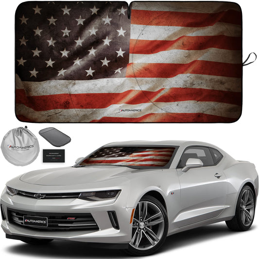 Autoamerics 1-Piece Windshield Sun Shade Grunge American Flag - 1 USA Design - Foldable Car Front Window Sunshade for Most Sedans SUV Truck - Blocks Max UV Rays and Keeps Your Vehicle Cool - Small