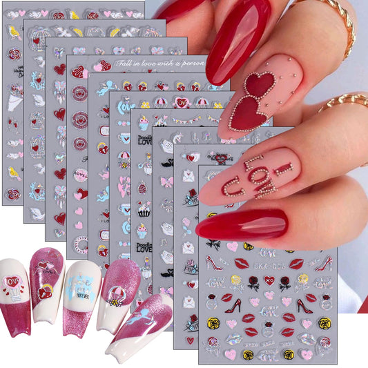 10 Sheets Laser Silver Nail Art Stickers Decal Valentine?™s Day DIY Self-Adhesive Nail Supplies Print Love Letters Sexy Lip Nail Designs Valentines Manicure Decorations for Women Girls