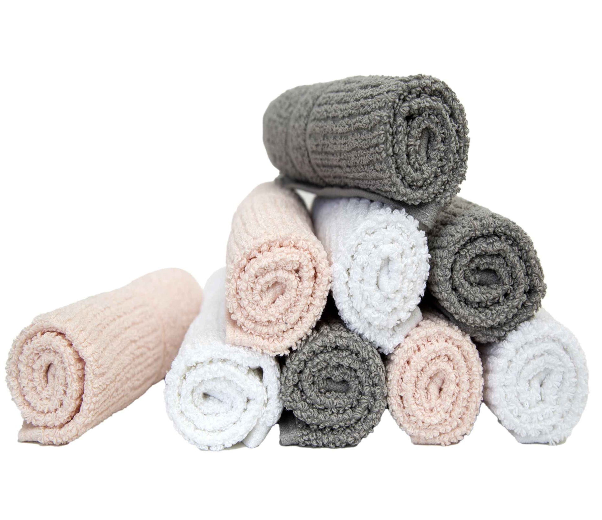 PH Pleasant Home Ribbed Wash Cloths Set - 12 Pack (12” x 12”) – 509 GSM - 100% Ring Spun Cotton Wash Cloth - Super Soft and Highly Absorbent Face Towels (Light Grey, White & Pink)