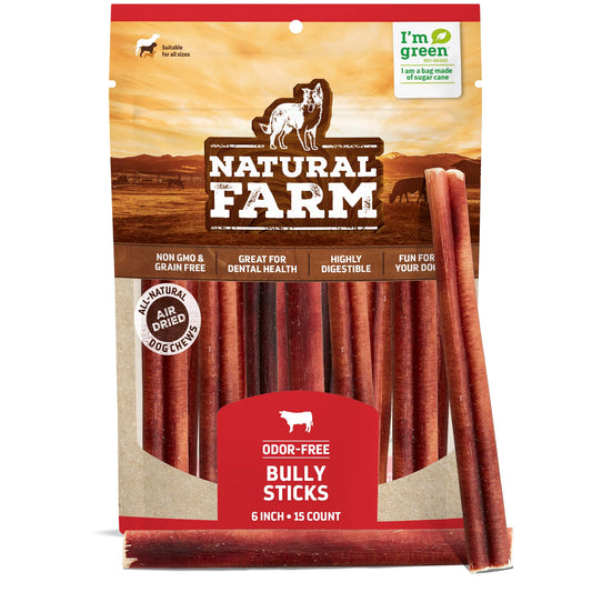 Natural Farm Odor-Free Bully Sticks (6 Inch, 15 Count), Single Ingredient: 100% Beef Chews, Grass-Fed, Non-GMO, Grain-Free, Fully Digestible Treats for Puppies, Small or Senior Dog