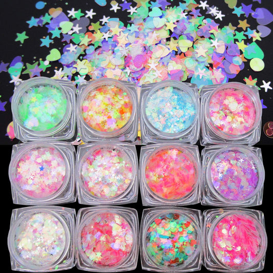 LuckForever 12 Colors Stars Heart Chunky Festival Glitter Sequins Iridescent Glitter Flakes Sparkles Resin Art Crafts Paints Decor