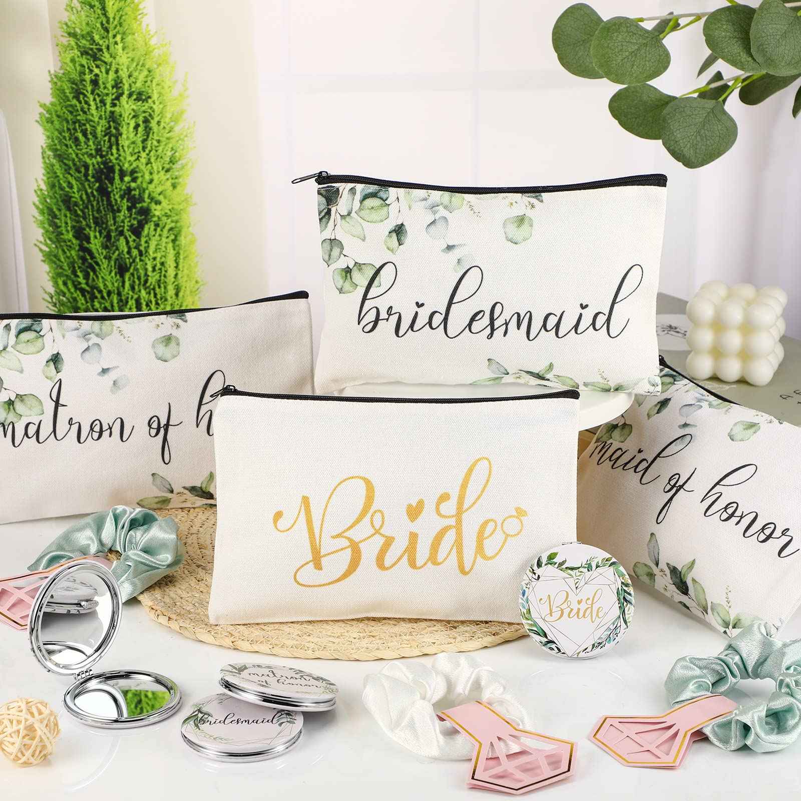 24 Pieces Bridesmaid Proposal Gifts Wedding Makeup Bag Gift Set Includes 8 Bridesmaid Makeup Bags 8 Satin Hair Scrunchies 8 Bridesmaid Compact Mirrors(Green Leaves)