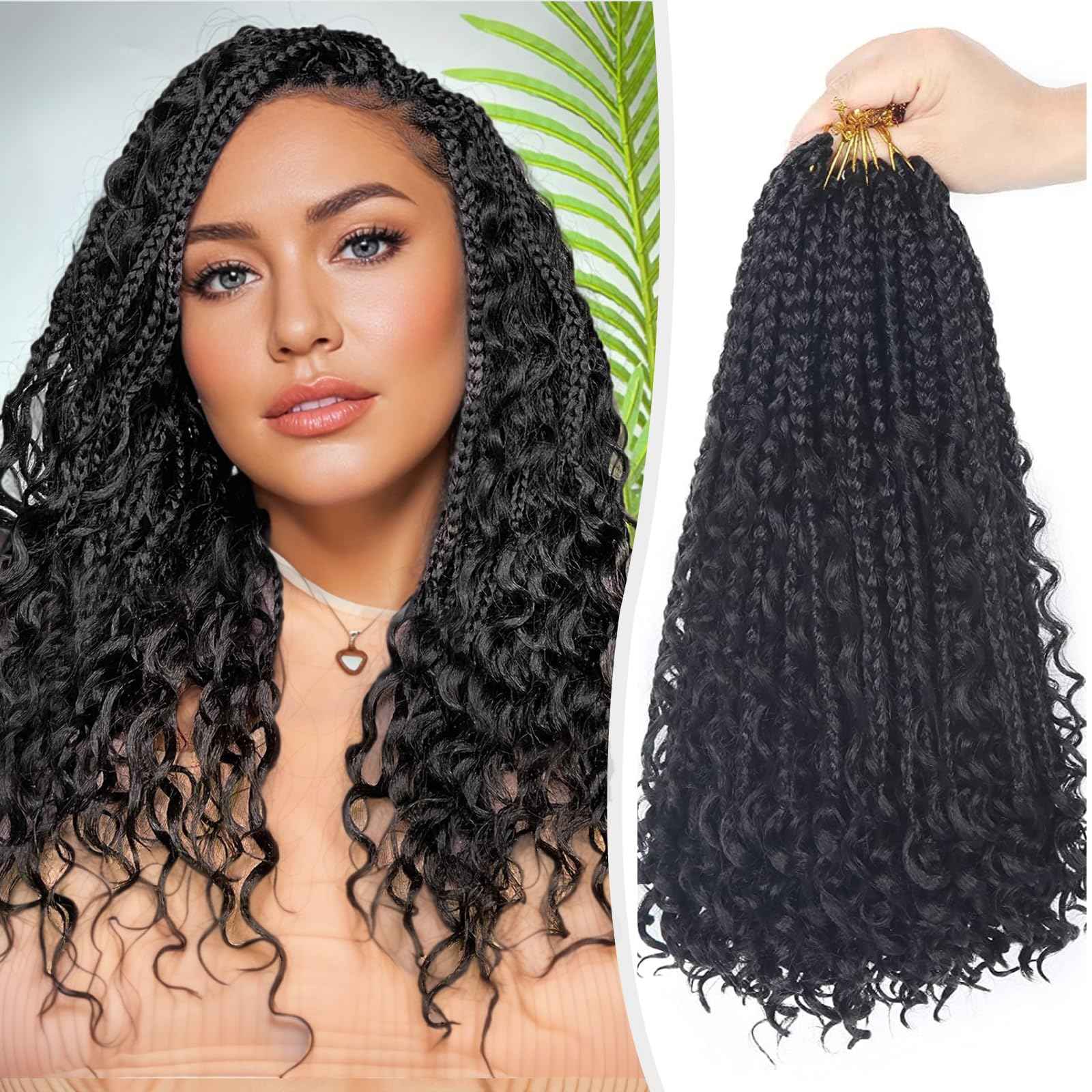 Mebeli Goddess Bohemian box braids Crochet Hair,14inch Pre Looped Boho Box Braid Crochet Hair with curly Ends,8pcs Boho Crochet Braids Synthetic Hair Extensions for Black Women(14inch,#1B)