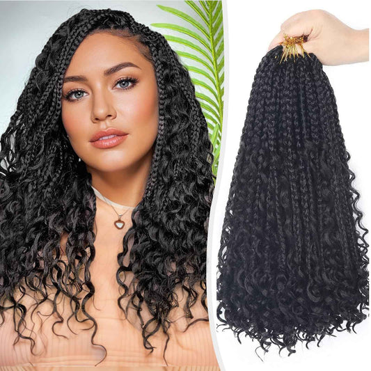 Mebeli Goddess Bohemian box braids Crochet Hair,14inch Pre Looped Boho Box Braid Crochet Hair with curly Ends,8pcs Boho Crochet Braids Synthetic Hair Extensions for Black Women(14inch,#1B)