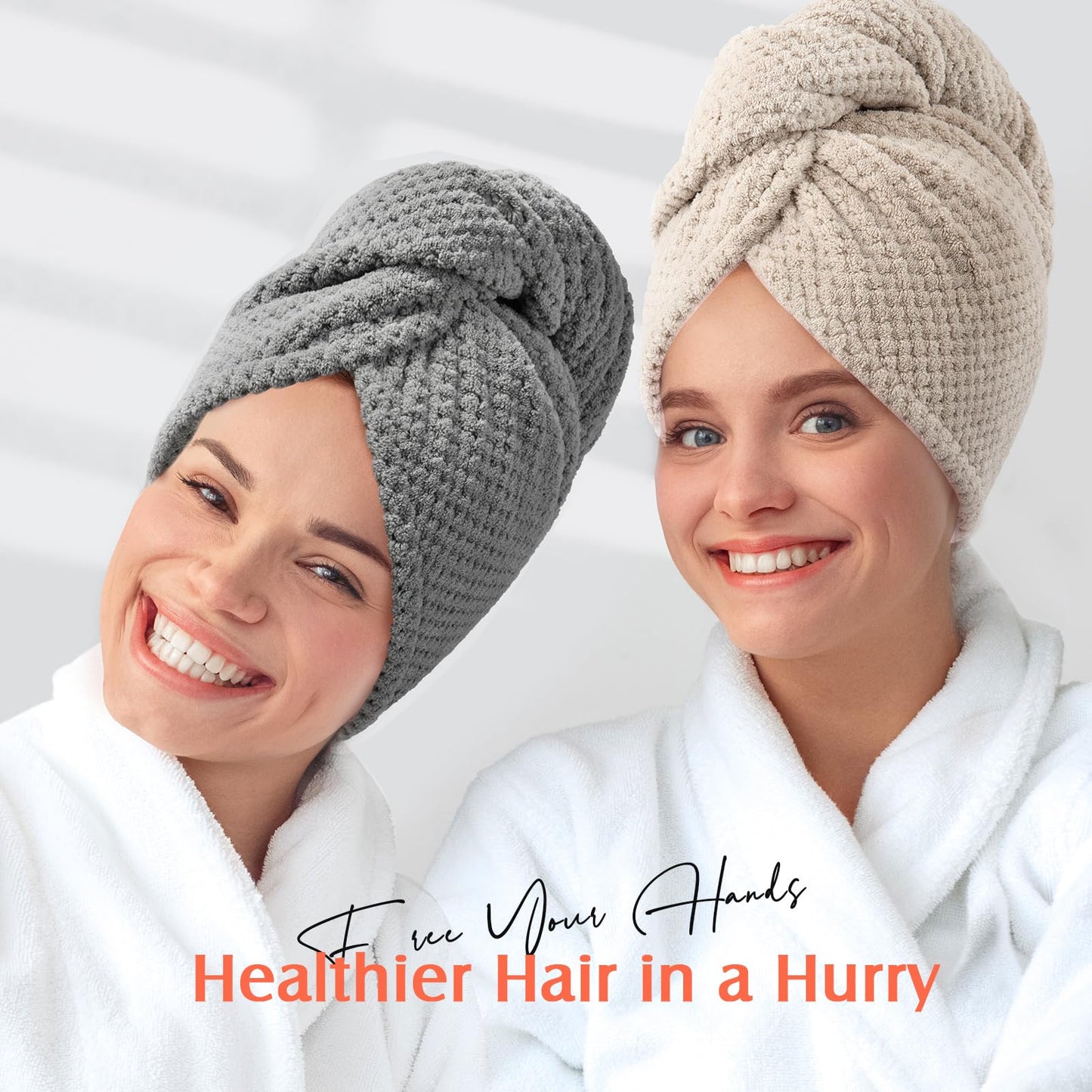 YFONG 2 Pack Microfiber Hair Towel Wrap for Women, Super Absorbent Quick Dry Hair Turban for All Hair Style Anti Frizz, Large Hair Drying Towel with Button