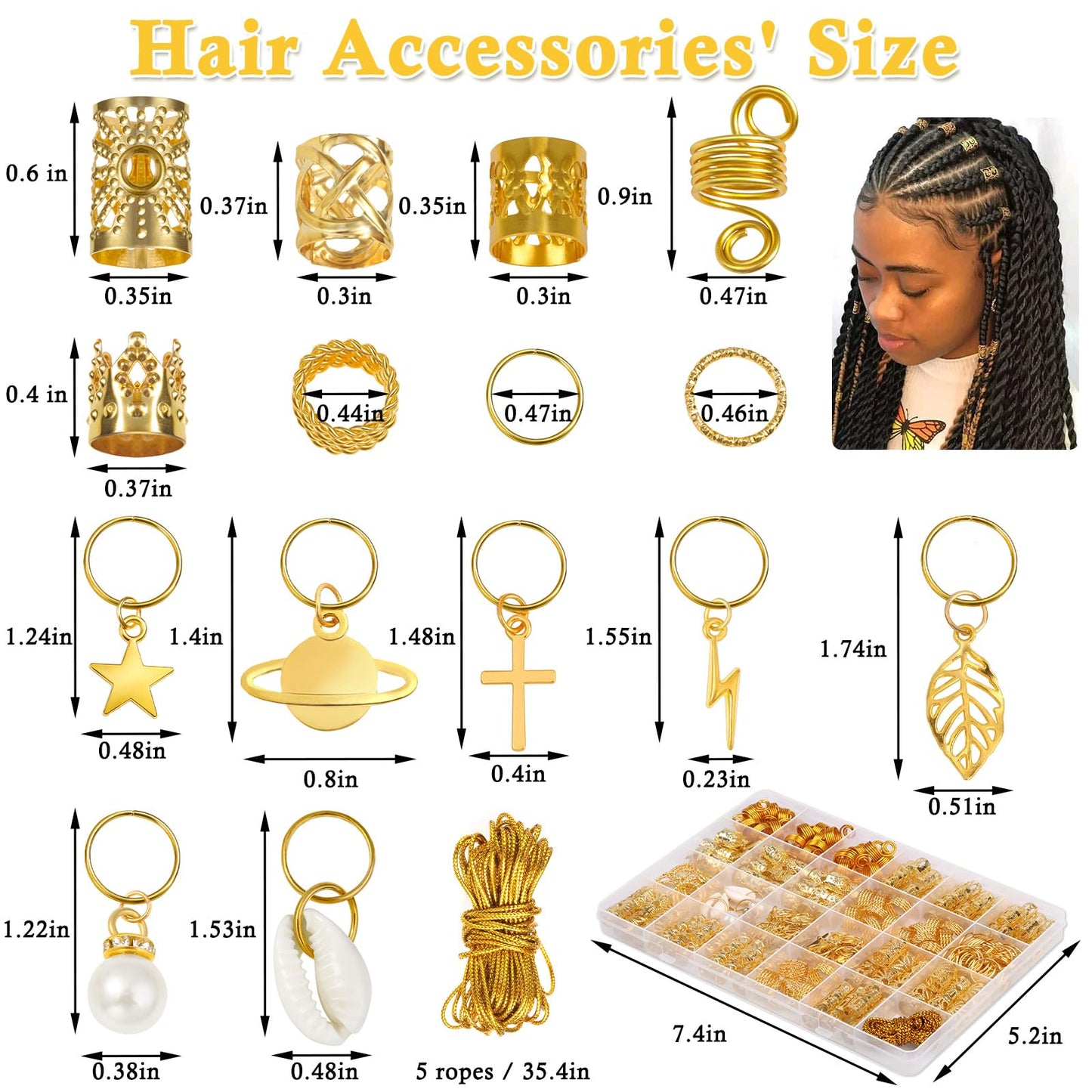 Lucomb 259 Pcs Hair Jewelry for Braids, Loc Jewelry for Hair Dreadlock for Women, Metal Gold Rings Cuffs Clips for Dreadlock Accessories Hair Braids Jewelry Decorations