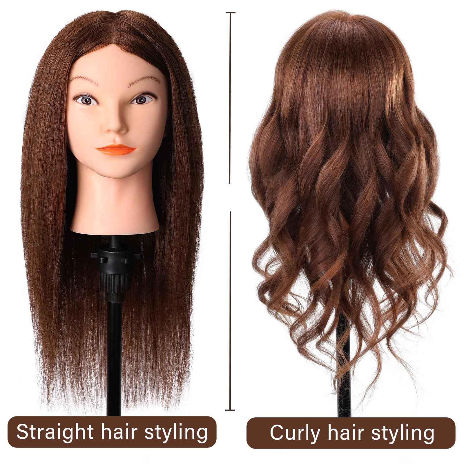 Mannequin Head with 100% Real Hair, Cenoz 18" Hairdresser Cosmetology Training Head with Stand and Tool, Manikin Training Practice Head, Doll Head for Hair Styling （Dark brown）
