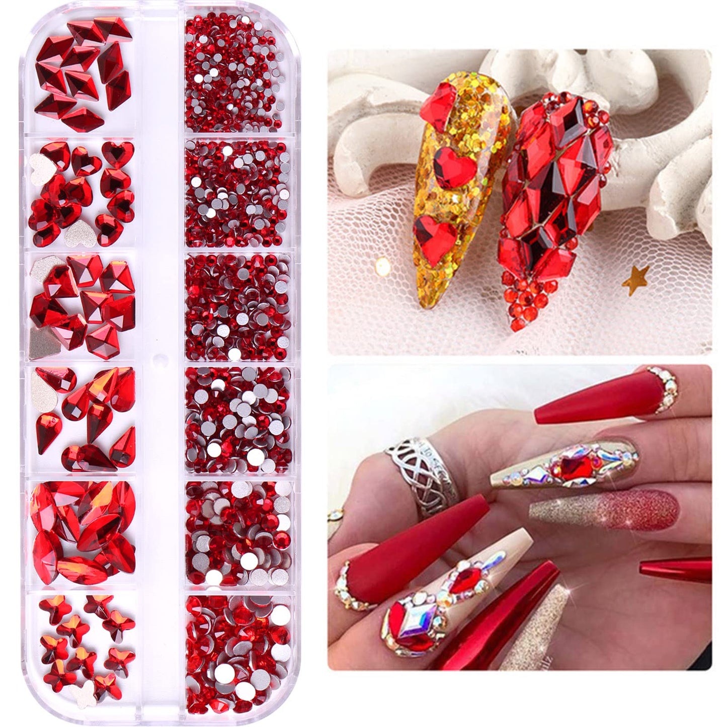 810PCS Red Crystal Nail Arts Rhinestones Round Beads Flatback Glass Gems Stones Multi Shapes Sizes Red Rhinestones Nail Crystals for Nail DIY Crafts Clothes Shoes Jewelry