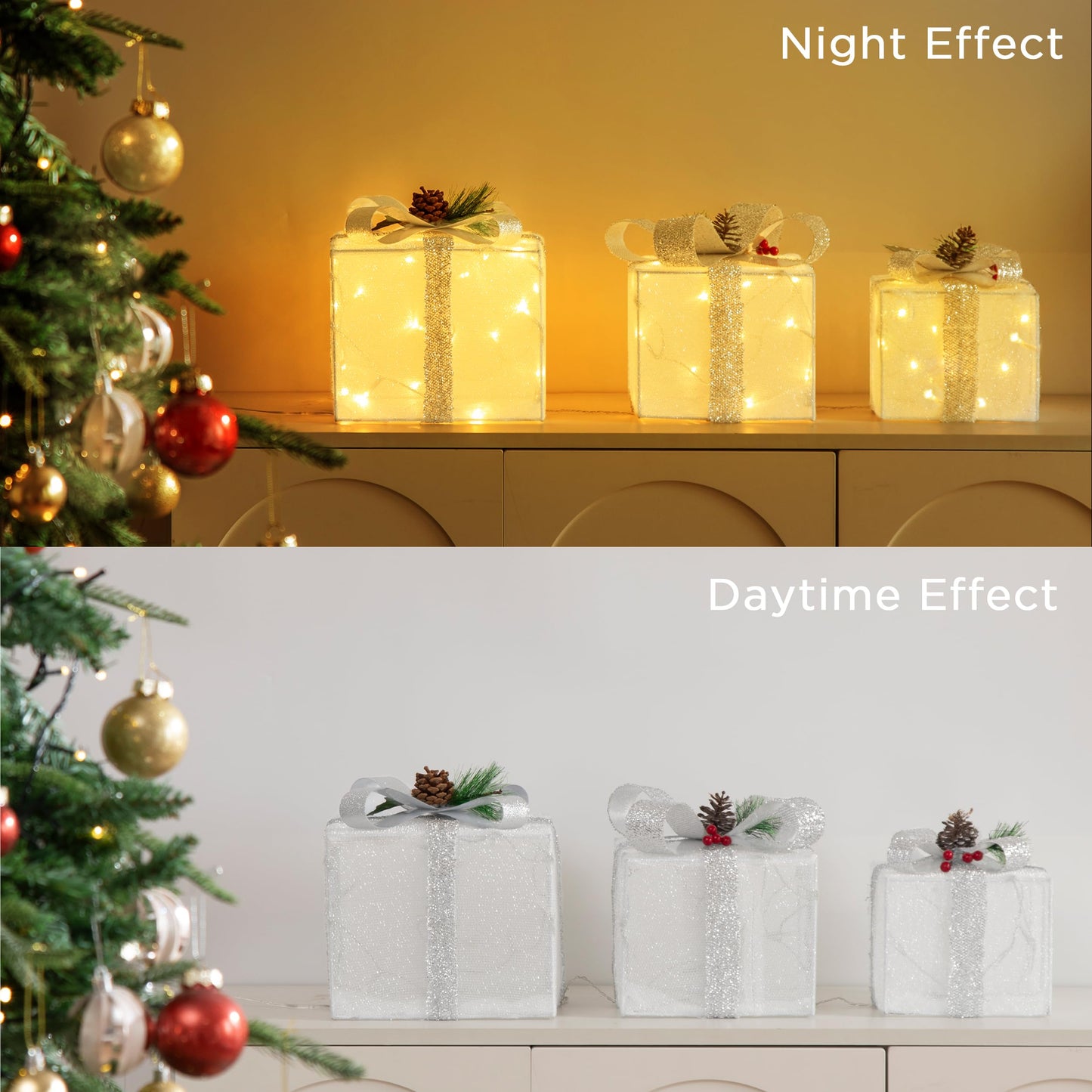 Set of 3 Plug-in Christmas Lighted Gift Boxes, Pre-lit 60 LED Light Up Decorations, Outdoor Christmas Decorations Indoor Outside Porch Yard Christmas Tree Lighted Display, White