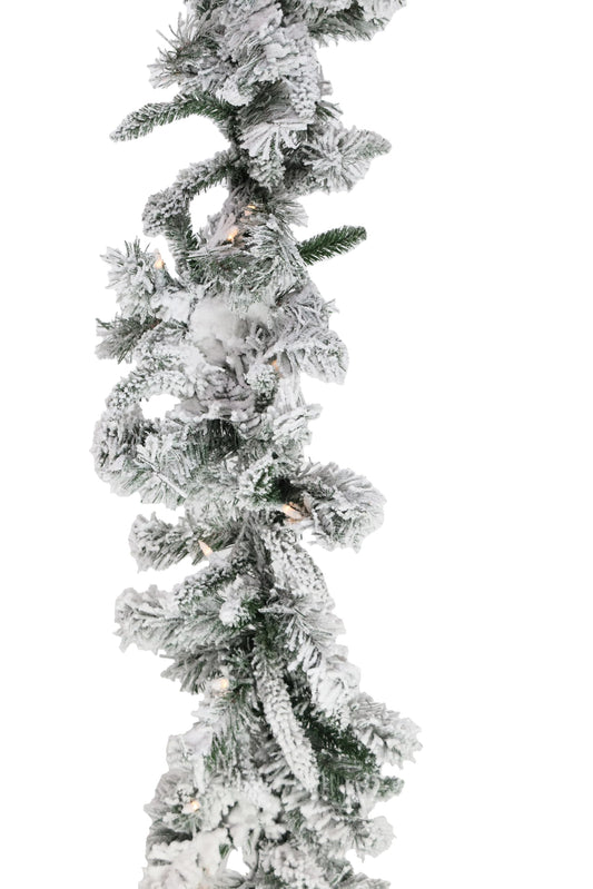 Fraser Hill Farm 9-Ft. Mountain Pine Flocked Garland with Battery Operated LED Lights | Festive Christmas Holiday Decor for Fireplace Mantel, Stairway, Console Table | FFMP108GL-5SN, Snow