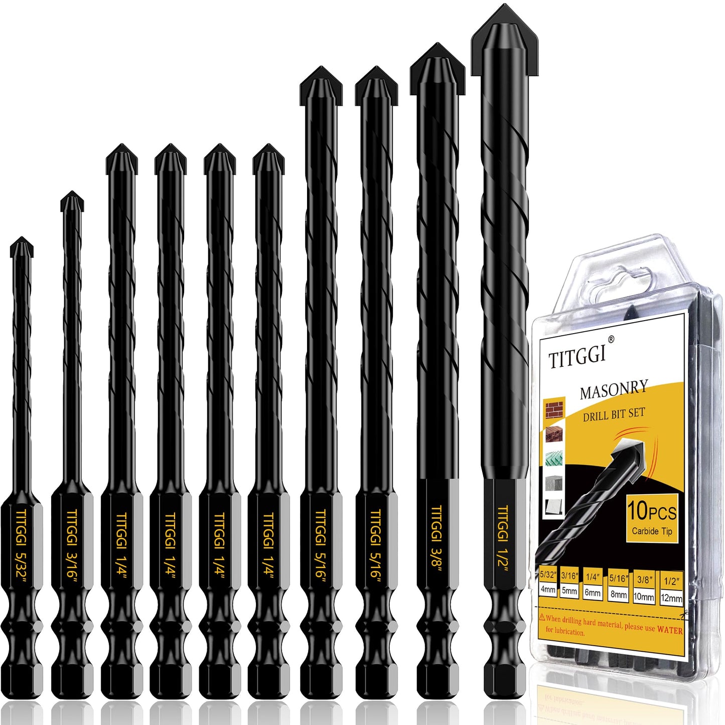 Concrete Drill Bit Set - Masonry Drill Bit, Professional Masonry Drill Bit Set (10PCS) for Concrete/Glass/Brick/Cement/Tile/Wood/Etc, Industrial Strength Carbide Drill Bits Tip, 5/32"-1/2" by TITGGI